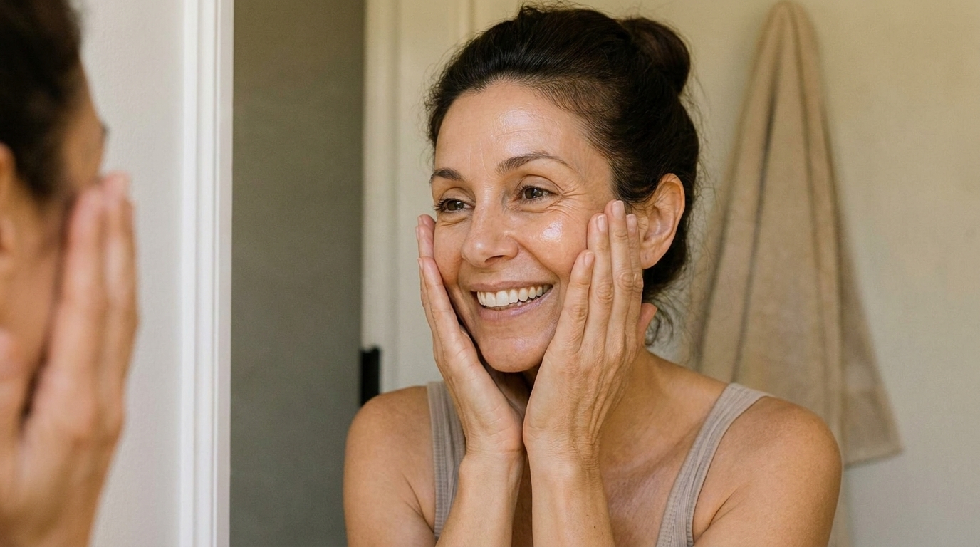 A woman smiling at her mirror reflection with glowing skin