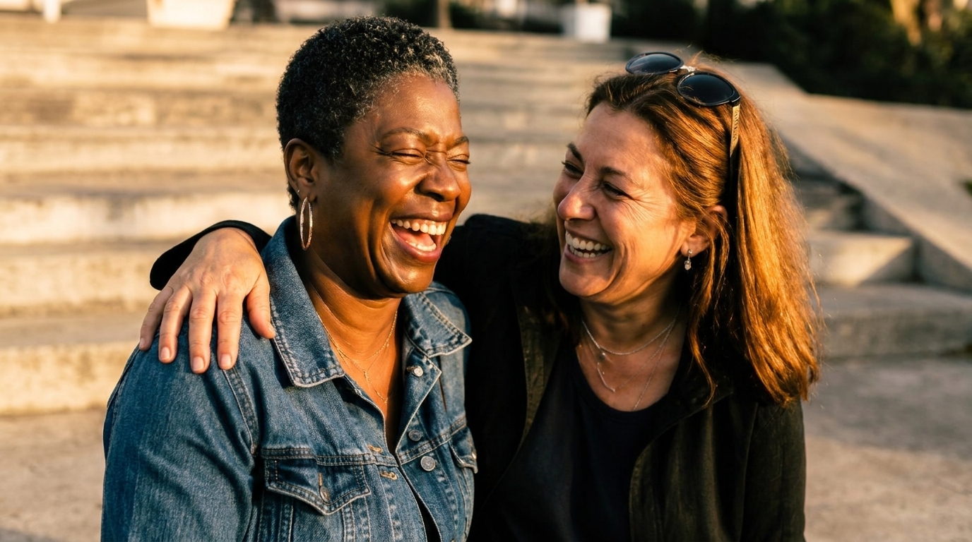Two women laughing together outdoors in warm sunlight