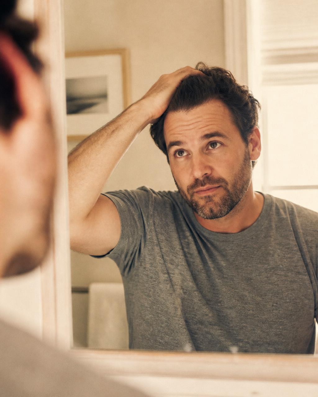 A man checking his hairline in the mirror in warm morning light